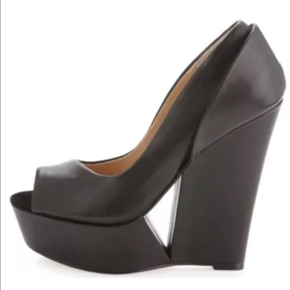 L.A.M.B. Black Leather Amour Wedge Cut Out Platform Heels - Picture 1 of 9